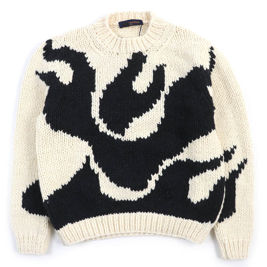 LOUIS VUITTON knit Main: 100% wool Ivory black LV Flame Intarsia mens L Used Authentic