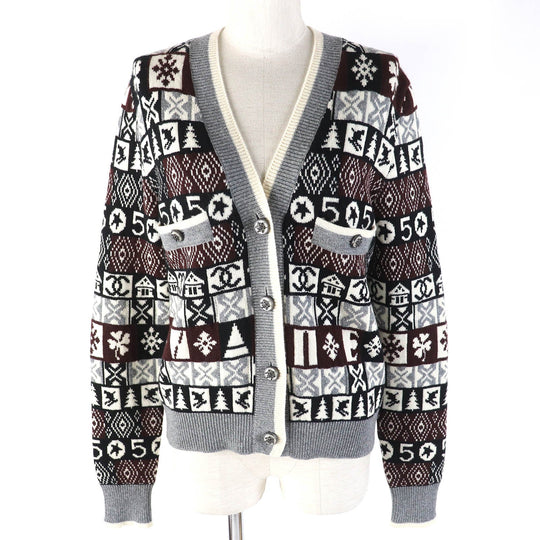 CHANEL cardigan P62167K47783 Main: 100% cashmere Gray White Black Brown Women 36 Used Authentic