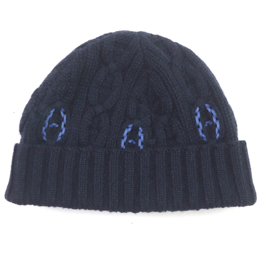 HERMES Knit cap Main: 100% cashmere, part: sheep leather Marin BONNET HOMME TRI MAILLOW TRESS mens M Used Authentic