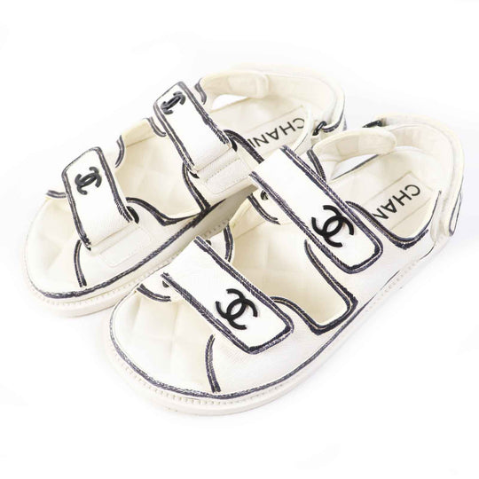 CHANEL Sandals G35927 leather Ivory black COCO Mark Comfort Velcro Women 35 Used Authentic