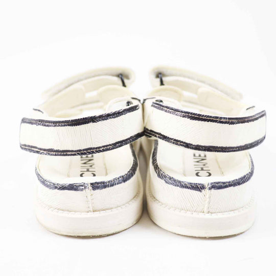 CHANEL Sandals G35927 leather Ivory black COCO Mark Comfort Velcro Women 35 Used Authentic