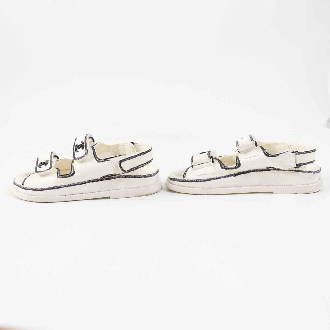 CHANEL Sandals G35927 leather Ivory black COCO Mark Comfort Velcro Women 35 Used Authentic
