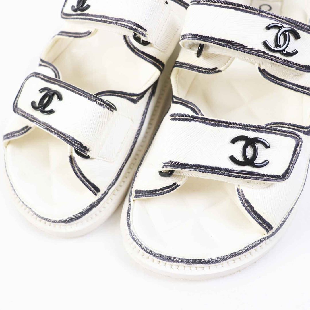 CHANEL Sandals G35927 leather Ivory black COCO Mark Comfort Velcro Women 35 Used Authentic