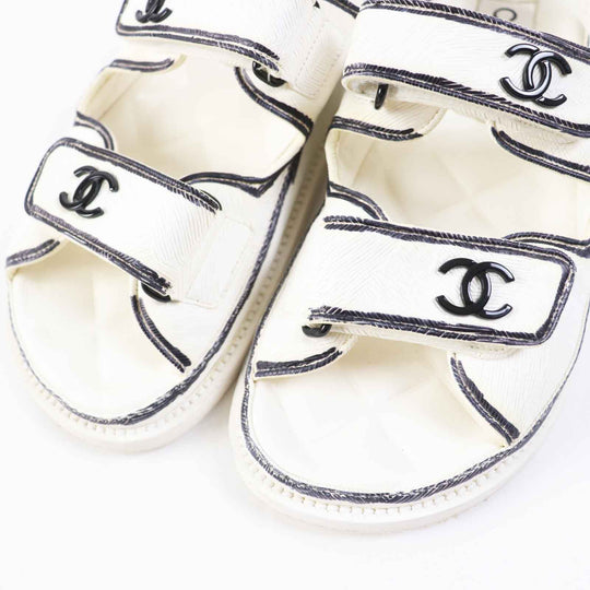 CHANEL Sandals G35927 leather Ivory black COCO Mark Comfort Velcro Women 35 Used Authentic