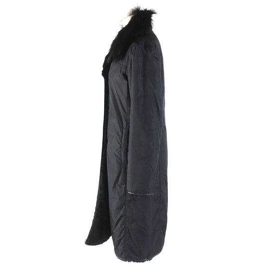 theory coat Outer: 99% nylon, Outer: 11% polyurethane, Lining: 100% rabbit, Filling: 100% polyester, Part: 100% raccoon black Women 2 Used Authentic