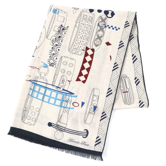 HERMES Stall 694134T Main: 70% cashmere, Main: 30% silk NATUREL/ARDOISE/BORDE Rectangle Colliers de Chiens Imprimeur Fou Women Used Authentic