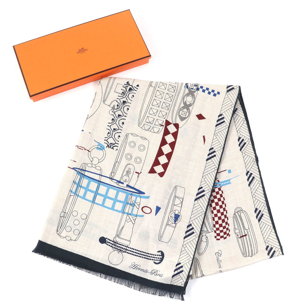 HERMES Stall 694134T Main: 70% cashmere, Main: 30% silk NATUREL/ARDOISE/BORDE Rectangle Colliers de Chiens Imprimeur Fou Women Used Authentic