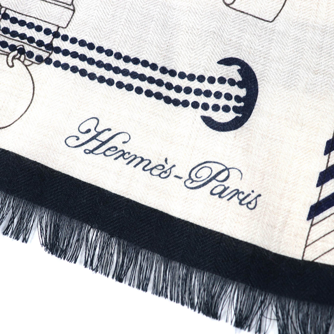 HERMES Stall 694134T Main: 70% cashmere, Main: 30% silk NATUREL/ARDOISE/BORDE Rectangle Colliers de Chiens Imprimeur Fou Women Used Authentic