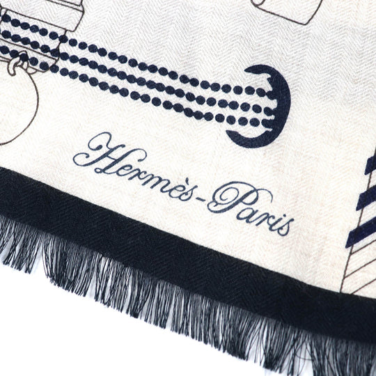 HERMES Stall 694134T Main: 70% cashmere, Main: 30% silk NATUREL/ARDOISE/BORDE Rectangle Colliers de Chiens Imprimeur Fou Women Used Authentic