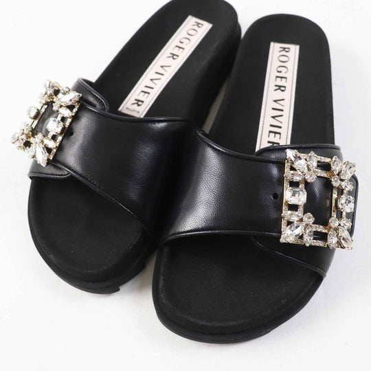 ROGERVIVIER Sandals RVW4582865091 TB999 Main: Leather NERO SLIDY VIV MINI RV BROCHE MULE25 Women 34 Used Authentic