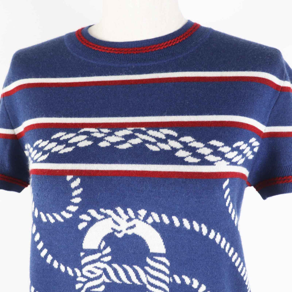 HERMES Short sleeve knit 3E2615D4 Main: 48% cashmere, Main: 48% silk, Main: 3% nylon, Main: 1% polyurethane, Part: 50% cashmere blue Canoe Women 36 Used Authentic