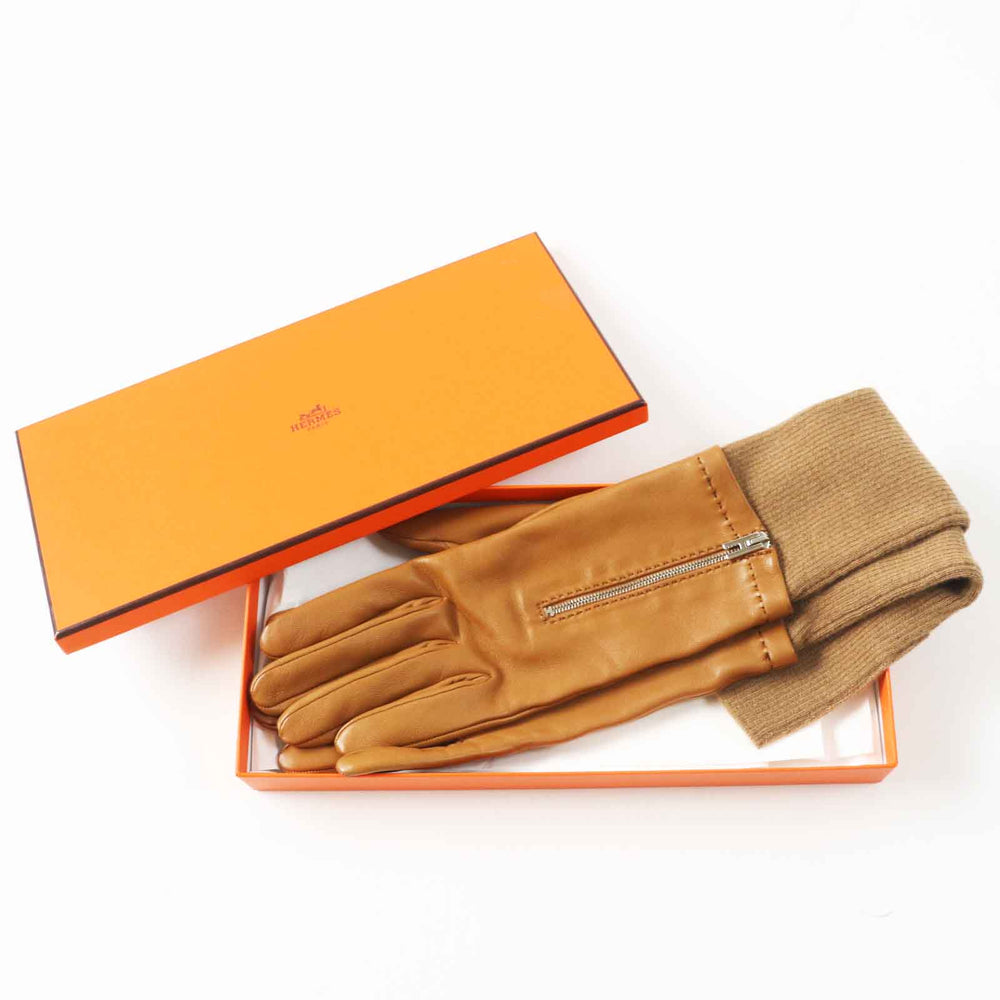 HERMES gloves Main: Lamb leather, Part: 100% cashmere gold Women 7.5 Used Authentic