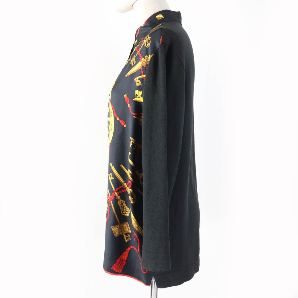 HERMES Long sleeve polo shirt Main: 100% silk, part: 85% cotton, part: 15% cashmere black LES CLES THE KEYS RARE Women M Used Authentic