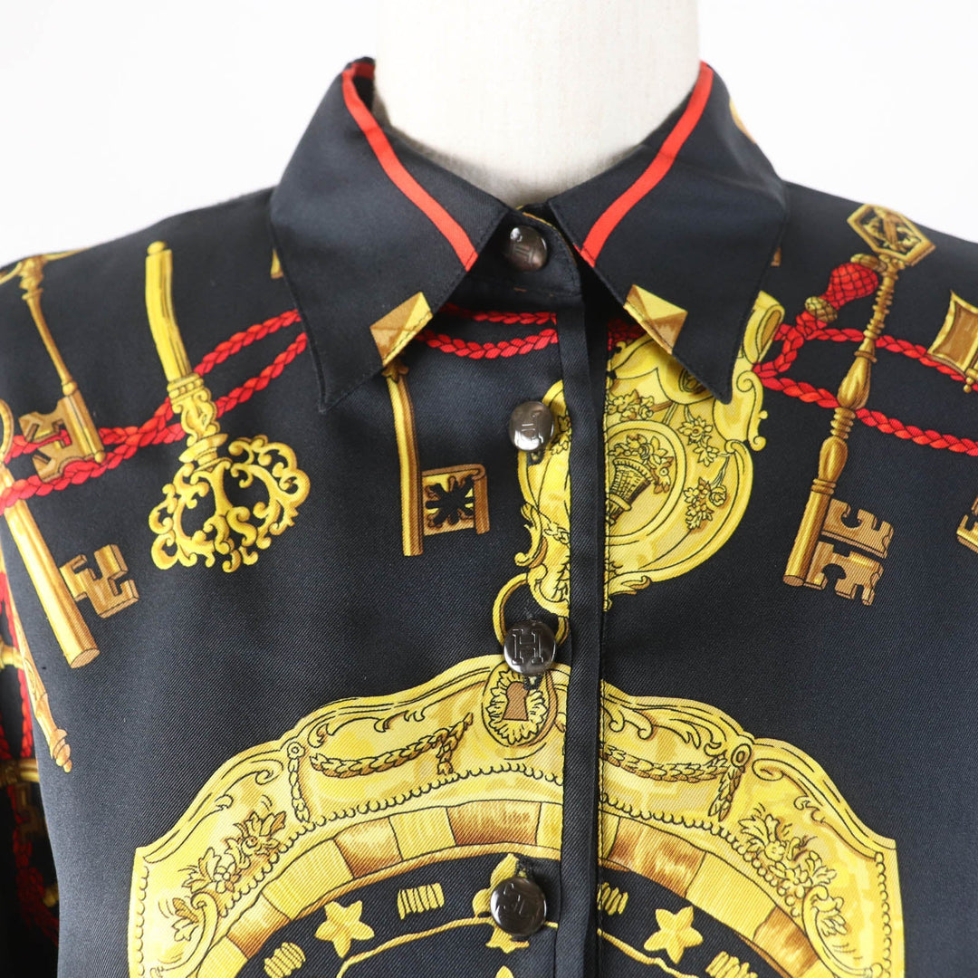 HERMES Long sleeve polo shirt Main: 100% silk, part: 85% cotton, part: 15% cashmere black LES CLES THE KEYS RARE Women M Used Authentic