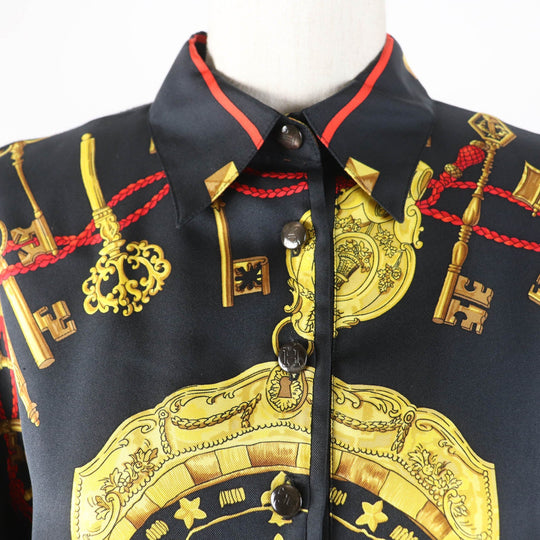 HERMES Long sleeve polo shirt Main: 100% silk, part: 85% cotton, part: 15% cashmere black LES CLES THE KEYS RARE Women M Used Authentic