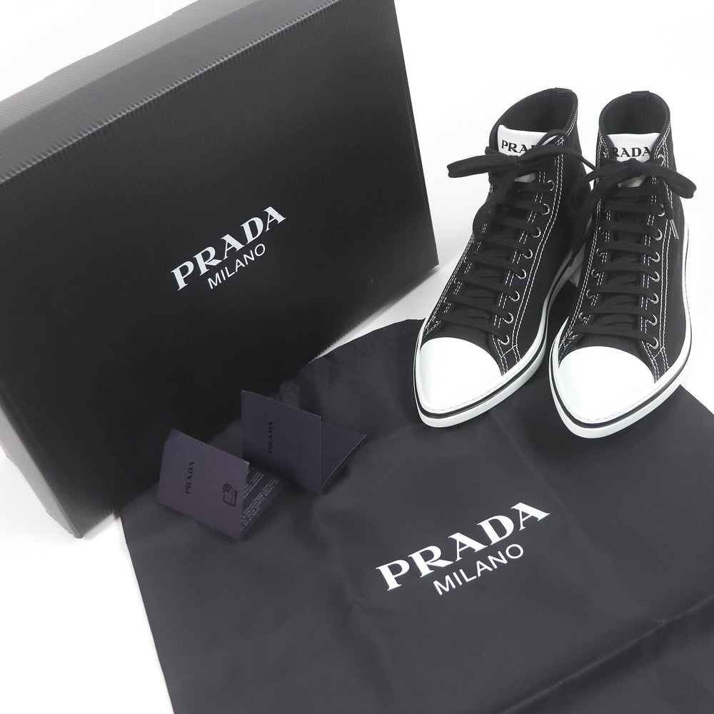 PRADA High cut sneakers 2TG177 Main: Canvas, Part: Leather Black White POINTY HIGH-TOP SNEAKERS SHOES mens 5 1/2 Used Authentic