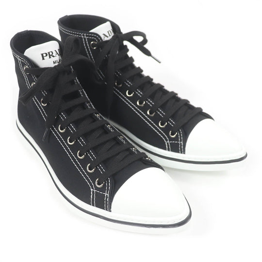 PRADA High cut sneakers 2TG177 Main: Canvas, Part: Leather Black White POINTY HIGH-TOP SNEAKERS SHOES mens 5 1/2 Used Authentic