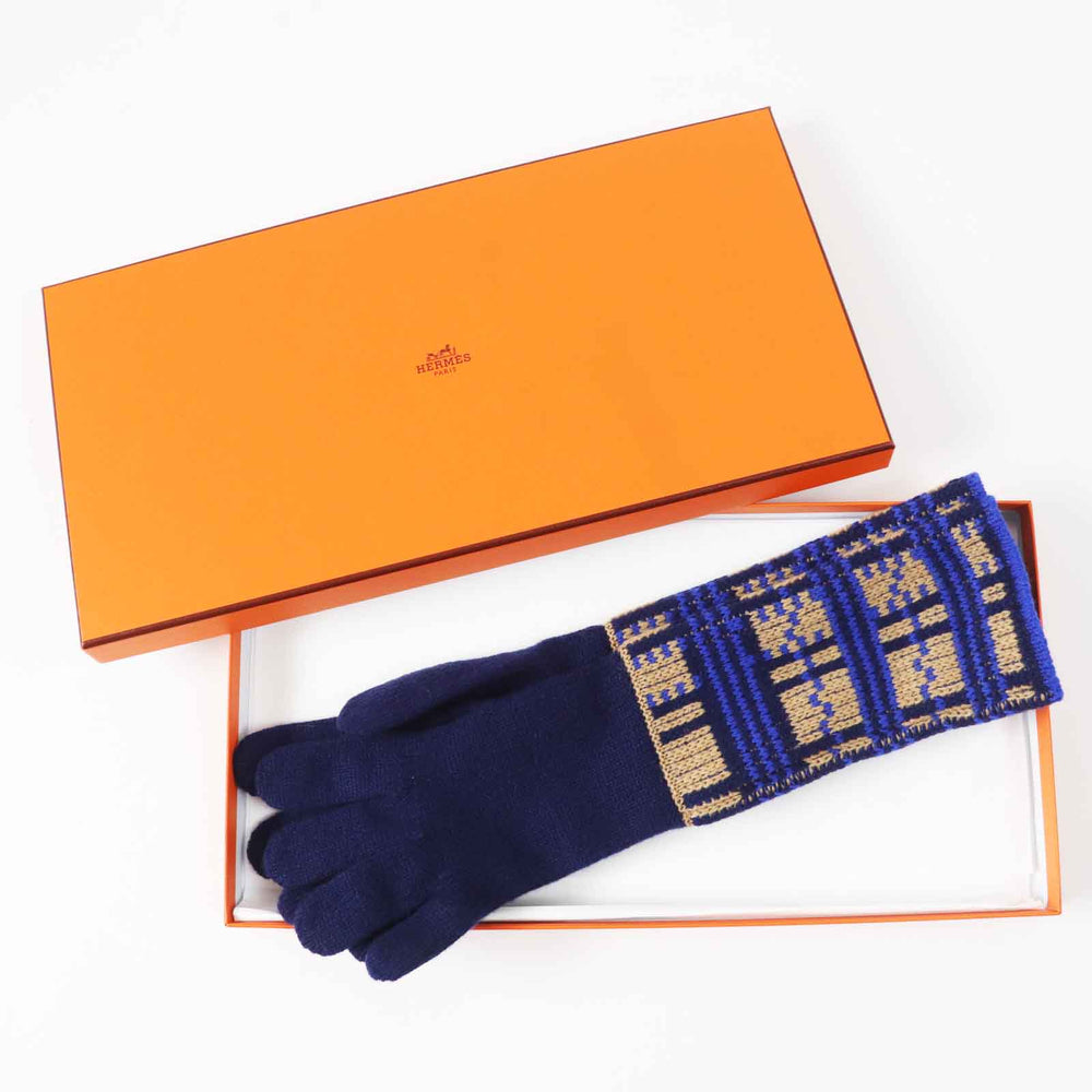 HERMES gloves Main: 100% cashmere Navy Brown Blue GANTS FEMME SLALOM MAILLE Women S Used Authentic