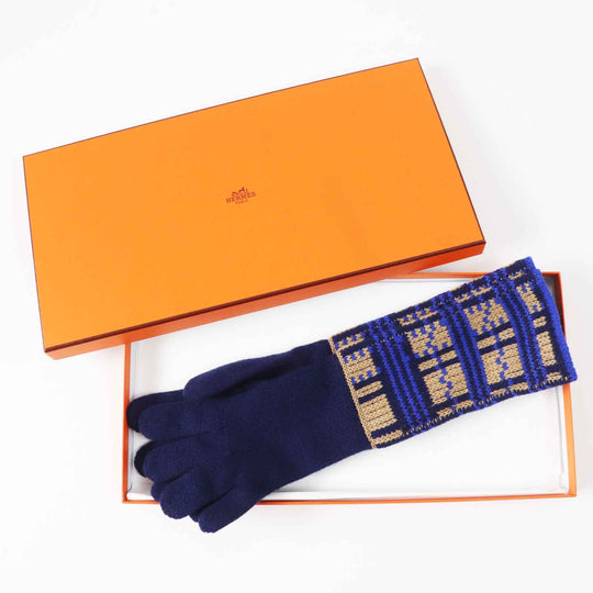 HERMES gloves Main: 100% cashmere Navy Brown Blue GANTS FEMME SLALOM MAILLE Women S Used Authentic