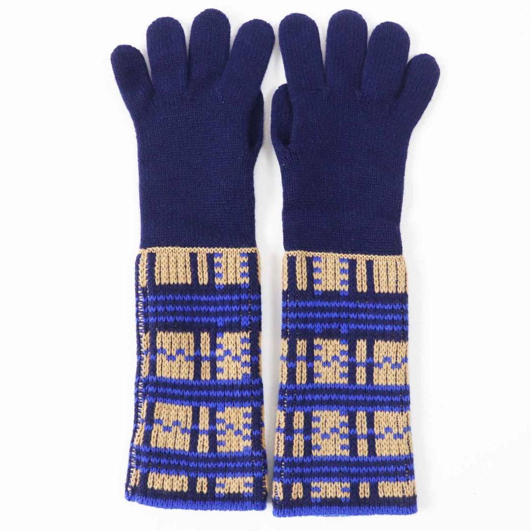 HERMES gloves Main: 100% cashmere Navy Brown Blue GANTS FEMME SLALOM MAILLE Women S Used Authentic