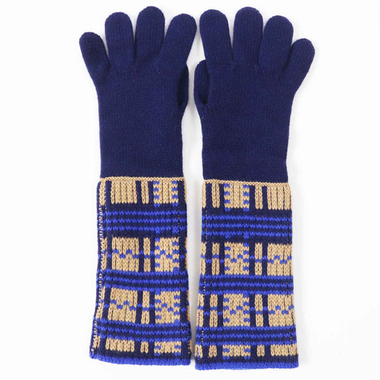 HERMES gloves Main: 100% cashmere Navy Brown Blue GANTS FEMME SLALOM MAILLE Women S Used Authentic