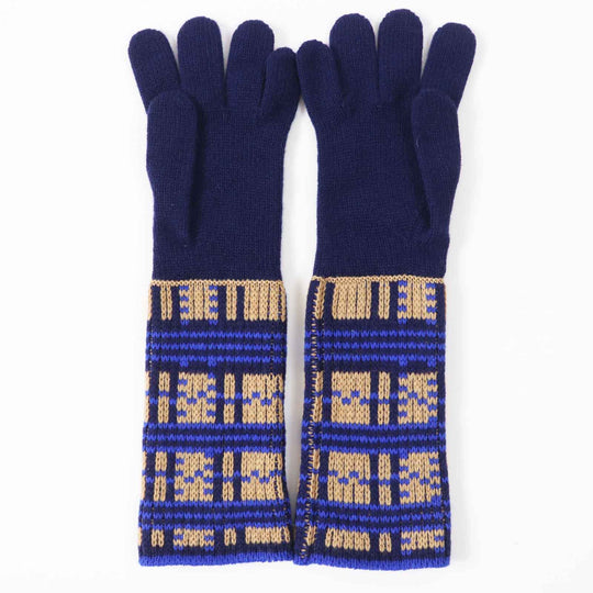 HERMES gloves Main: 100% cashmere Navy Brown Blue GANTS FEMME SLALOM MAILLE Women S Used Authentic