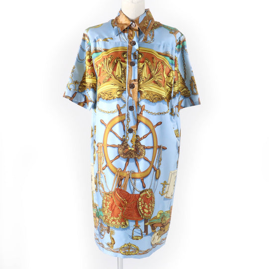 HERMES one piece Main: 100% silk Multi BATEAU A VAPEUR DE JOUFFROY DABBANS 1784 Steamboat Women 40 Used Authentic