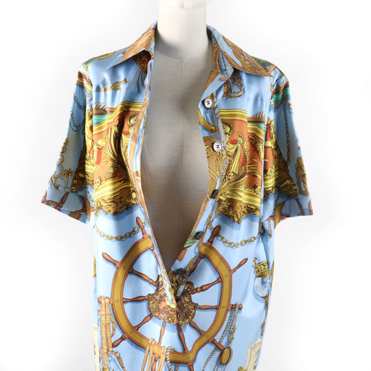 HERMES one piece Main: 100% silk Multi BATEAU A VAPEUR DE JOUFFROY DABBANS 1784 Steamboat Women 40 Used Authentic