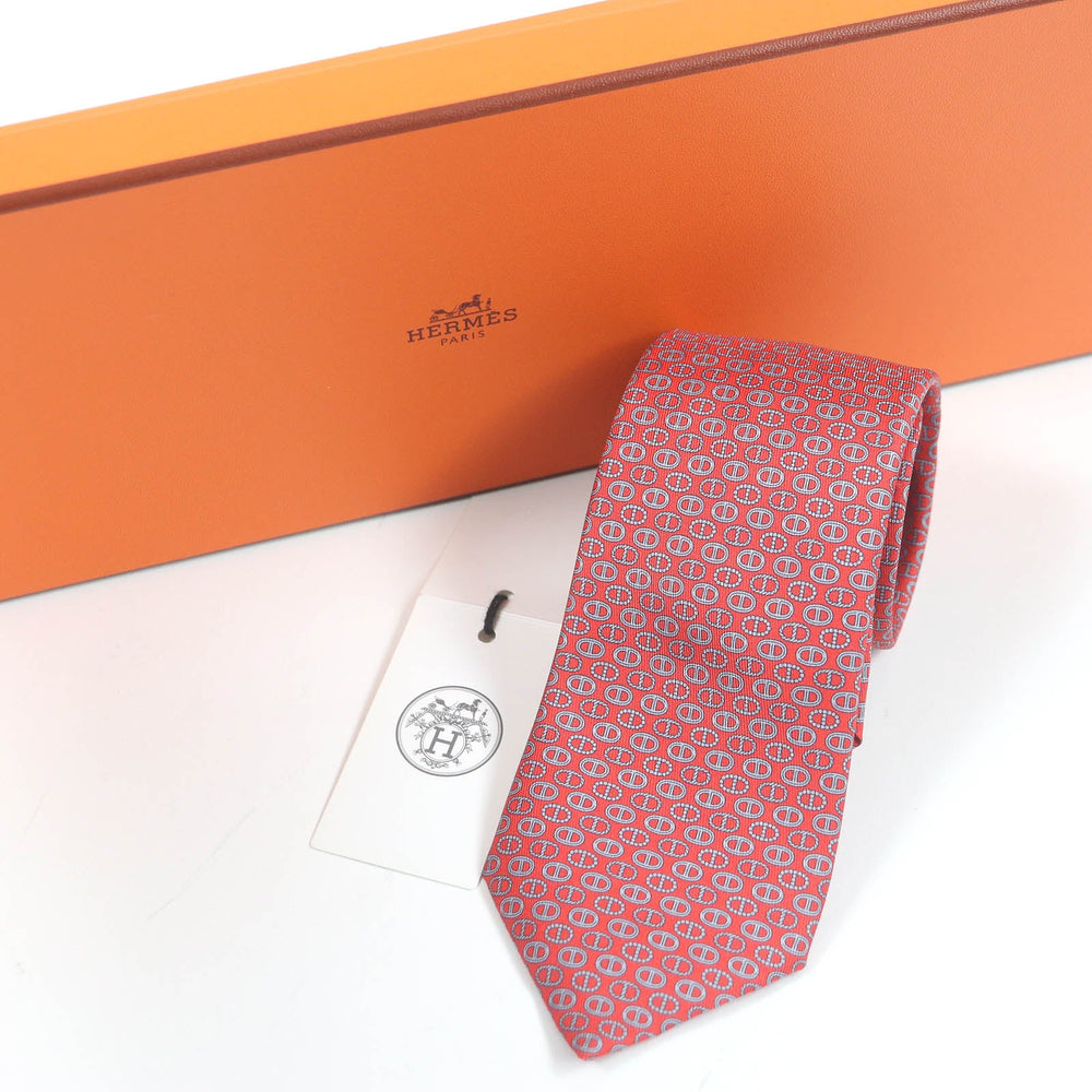 HERMES tie Main: 100% silk Rouge Gris mens Used Authentic