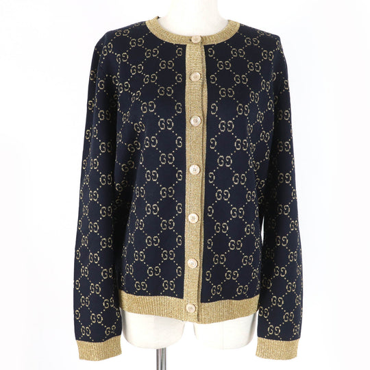 GUCCI cardigan 526758 Main: 77% cotton, Main: 12% nylon, Main: 11% metal fiber, Part: 50% metal fiber, Part: 50% nylon Dark navy gold Women XL Used Authentic