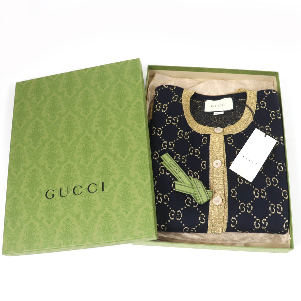 GUCCI cardigan 526758 Main: 77% cotton, Main: 12% nylon, Main: 11% metal fiber, Part: 50% metal fiber, Part: 50% nylon Dark navy gold Women XL Used Authentic
