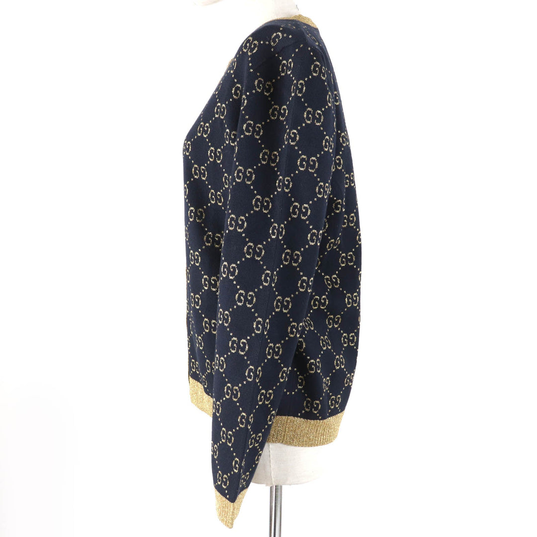 GUCCI cardigan 526758 Main: 77% cotton, Main: 12% nylon, Main: 11% metal fiber, Part: 50% metal fiber, Part: 50% nylon Dark navy gold Women XL Used Authentic