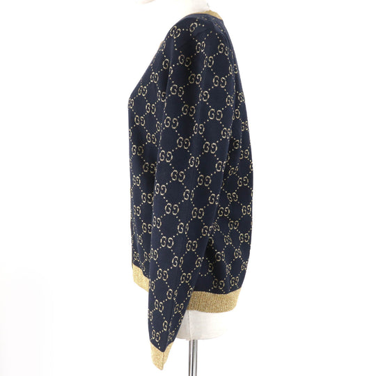 GUCCI cardigan 526758 Main: 77% cotton, Main: 12% nylon, Main: 11% metal fiber, Part: 50% metal fiber, Part: 50% nylon Dark navy gold Women XL Used Authentic