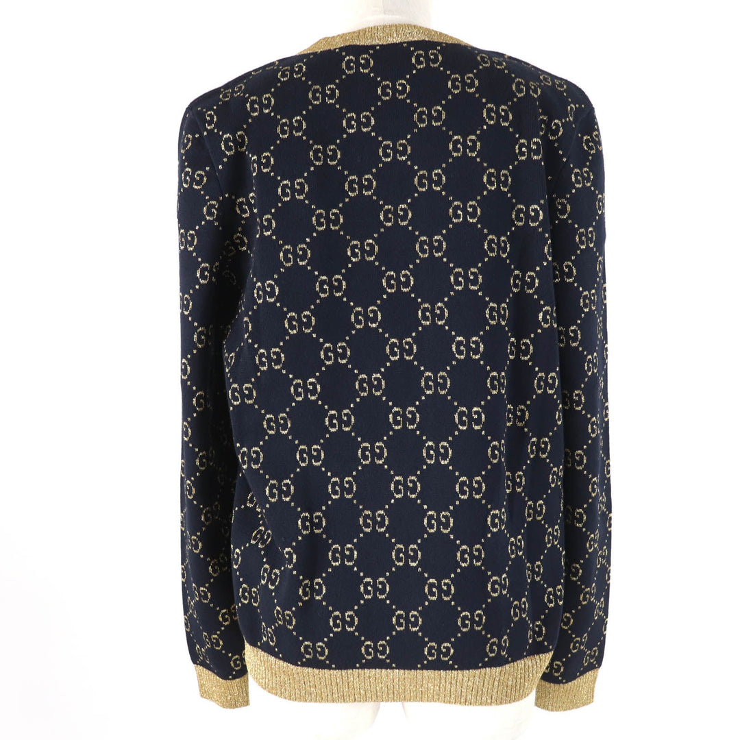 GUCCI cardigan 526758 Main: 77% cotton, Main: 12% nylon, Main: 11% metal fiber, Part: 50% metal fiber, Part: 50% nylon Dark navy gold Women XL Used Authentic
