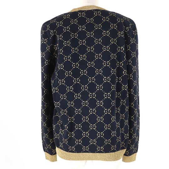 GUCCI cardigan 526758 Main: 77% cotton, Main: 12% nylon, Main: 11% metal fiber, Part: 50% metal fiber, Part: 50% nylon Dark navy gold Women XL Used Authentic