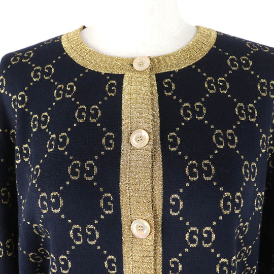 GUCCI cardigan 526758 Main: 77% cotton, Main: 12% nylon, Main: 11% metal fiber, Part: 50% metal fiber, Part: 50% nylon Dark navy gold Women XL Used Authentic