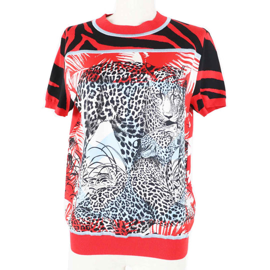 HERMES Short sleeve knit 3E2868D3 Main: 100% silk, Main: 86% rayon, Main: 10% silk, Main: 3% nylon, Main: 1% polyurethane Red x multi JUNGLE LOVE Women 36 Used Authentic