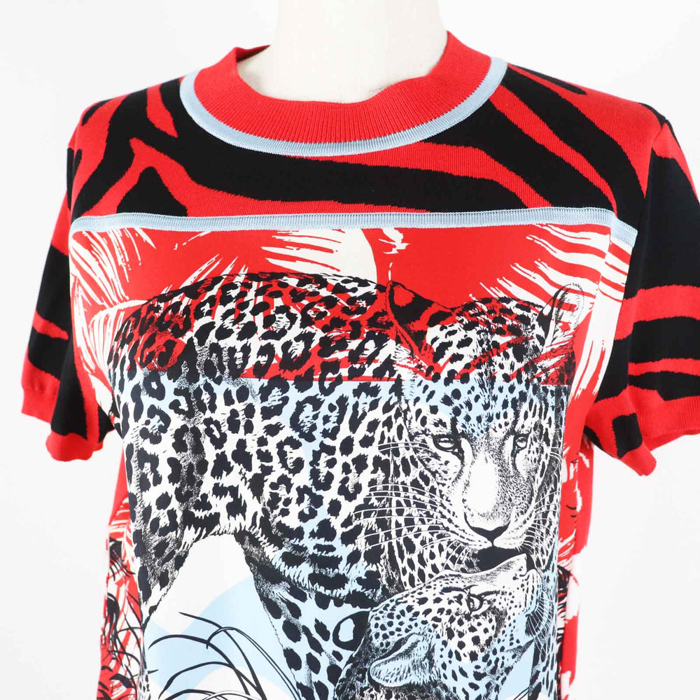 HERMES Short sleeve knit 3E2868D3 Main: 100% silk, Main: 86% rayon, Main: 10% silk, Main: 3% nylon, Main: 1% polyurethane Red x multi JUNGLE LOVE Women 36 Used Authentic