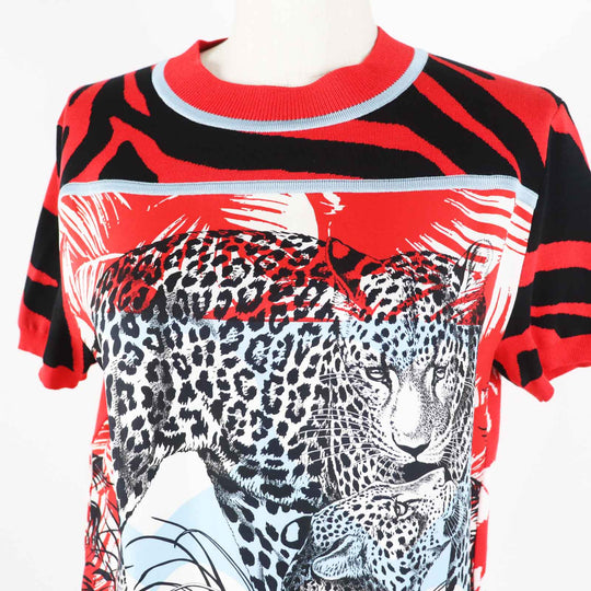 HERMES Short sleeve knit 3E2868D3 Main: 100% silk, Main: 86% rayon, Main: 10% silk, Main: 3% nylon, Main: 1% polyurethane Red x multi JUNGLE LOVE Women 36 Used Authentic