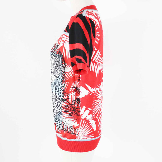 HERMES Short sleeve knit 3E2868D3 Main: 100% silk, Main: 86% rayon, Main: 10% silk, Main: 3% nylon, Main: 1% polyurethane Red x multi JUNGLE LOVE Women 36 Used Authentic