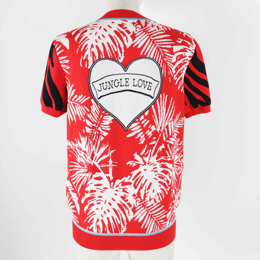 HERMES Short sleeve knit 3E2868D3 Main: 100% silk, Main: 86% rayon, Main: 10% silk, Main: 3% nylon, Main: 1% polyurethane Red x multi JUNGLE LOVE Women 36 Used Authentic