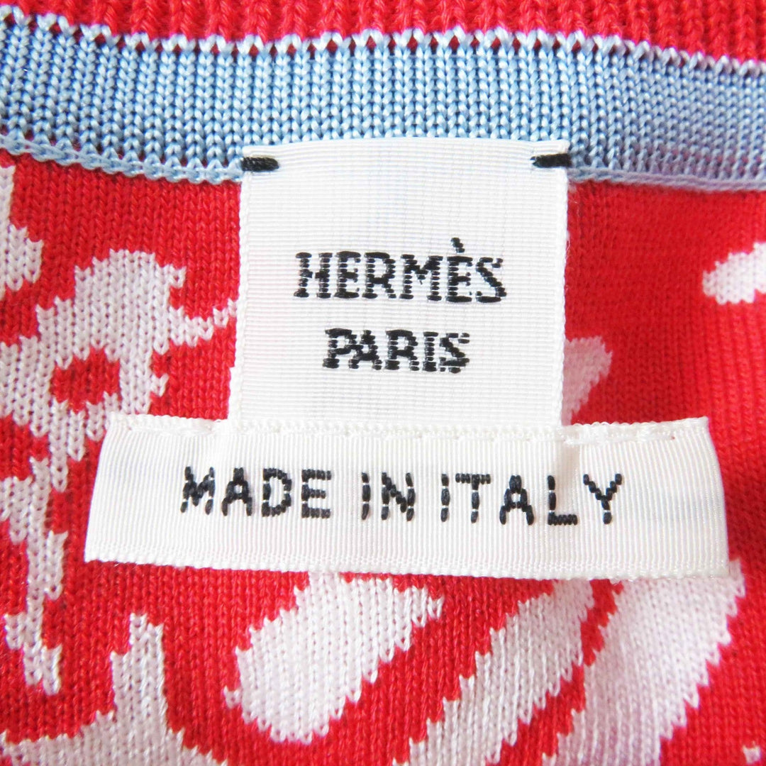 HERMES Short sleeve knit 3E2868D3 Main: 100% silk, Main: 86% rayon, Main: 10% silk, Main: 3% nylon, Main: 1% polyurethane Red x multi JUNGLE LOVE Women 36 Used Authentic