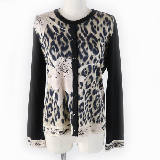 LEONARD FASHION cardigan Main: 75% silk, Main: 25% cashmere Black beige Women 40 Used Authentic
