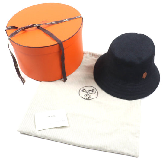 HERMES hat Outer: 100% cotton, Leather part: cowhide, Lining: 65% rayon, Lining: 35% silk, Part: 100% polyester Indigo Fred Crews Carrousel mens Used Authentic
