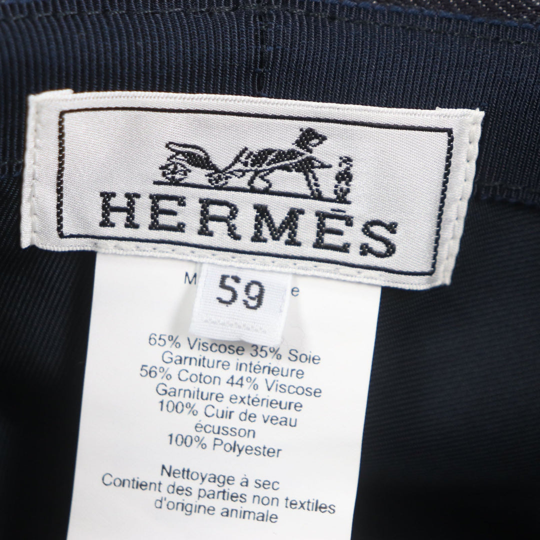HERMES hat Outer: 100% cotton, Leather part: cowhide, Lining: 65% rayon, Lining: 35% silk, Part: 100% polyester Indigo Fred Crews Carrousel mens Used Authentic