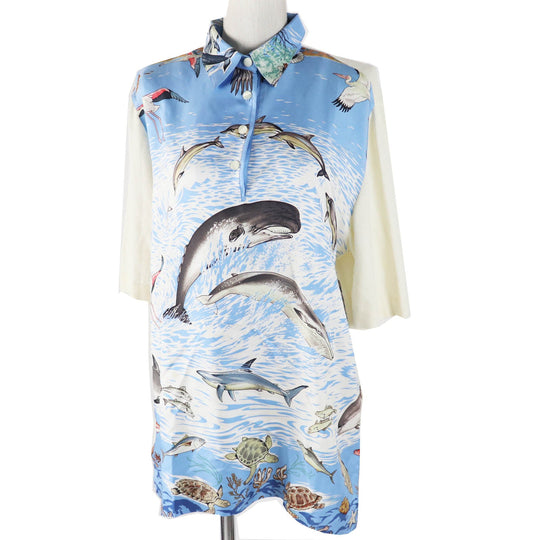 HERMES Short sleeve polo shirt Main: 100% silk, Main: 85% cotton, Main: 15% cashmere Light blue white The Precious Life of the Mediterranean Women M Used Authentic