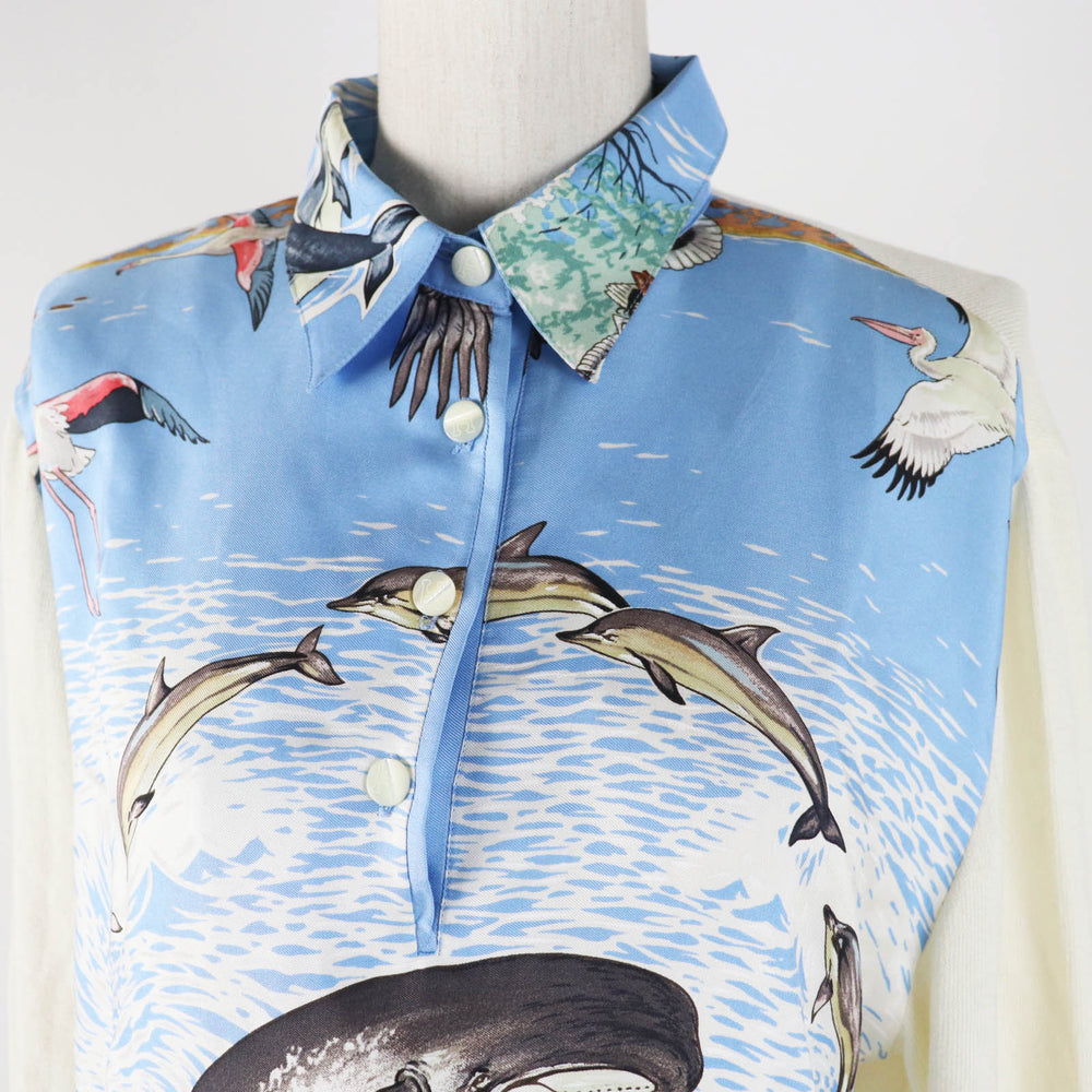 HERMES Short sleeve polo shirt Main: 100% silk, Main: 85% cotton, Main: 15% cashmere Light blue white The Precious Life of the Mediterranean Women M Used Authentic