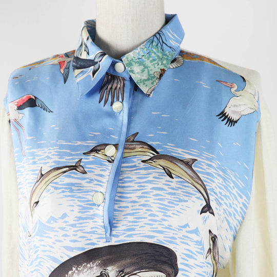 HERMES Short sleeve polo shirt Main: 100% silk, Main: 85% cotton, Main: 15% cashmere Light blue white The Precious Life of the Mediterranean Women M Used Authentic