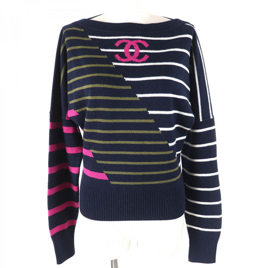 CHANEL knit 20C P62885 Main: 100% cashmere Navy Khaki Pink Women 34 Used Authentic