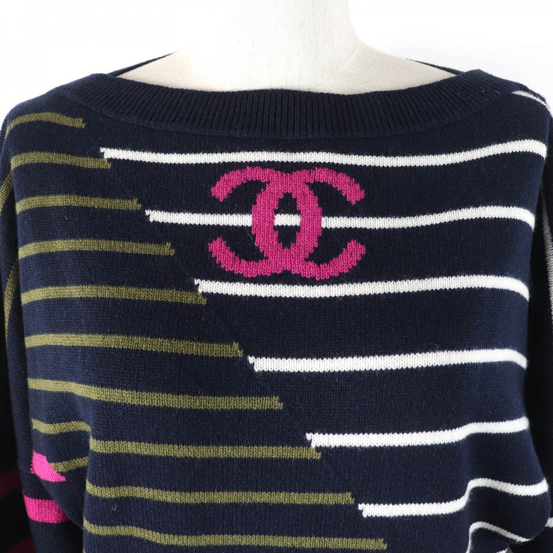 CHANEL knit 20C P62885 Main: 100% cashmere Navy Khaki Pink Women 34 Used Authentic